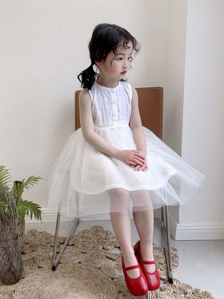 童装品牌2019春夏新款蕾丝拼接网纱背心裙洋气白色连衣裙