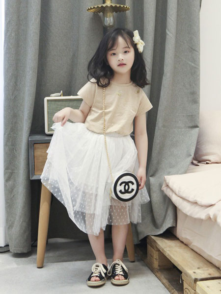 童装品牌2019春夏圆领短袖修身韩版网纱中腰蕾丝新款连衣裙
