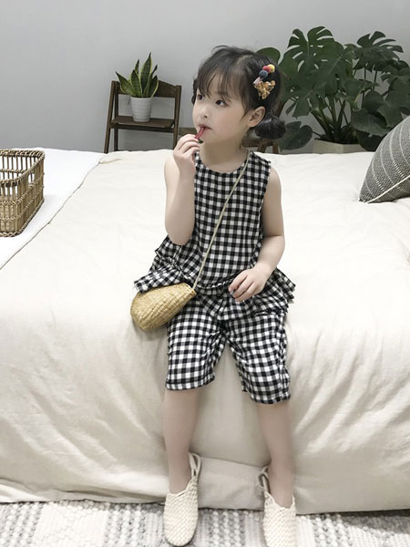 妹妹恩倪童装品牌2019春夏韩版洋气格子上衣裤子两件套装潮