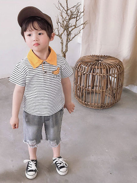 哆哈哈童装品牌2019春夏香蕉撞色条纹polo衫