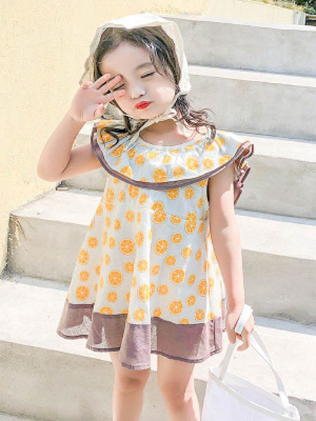 童装品牌2019春夏娃娃领印花连衣裙