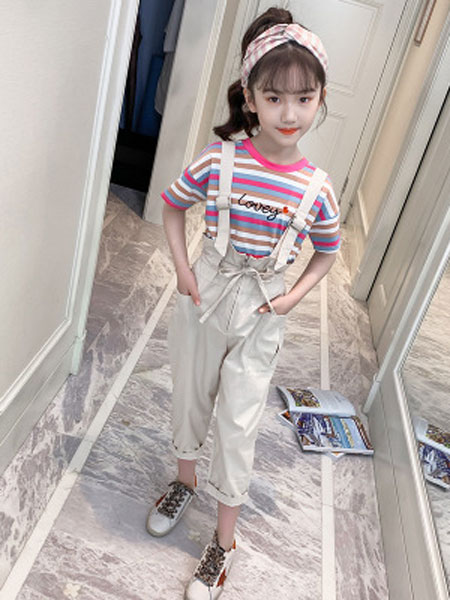 甜丝童装品牌2019春夏条纹短袖t恤萝卜背带裤套装
