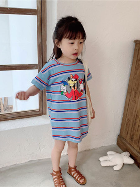 童装品牌2019春夏时髦条纹童裙T恤连衣裙
