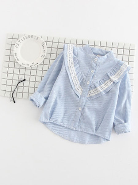 哈霓宝贝童装品牌2019春夏蕾丝长袖条纹衬衣