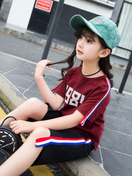云思舞夕童装品牌2019春夏韩版不规则短袖t恤织带运动两件套