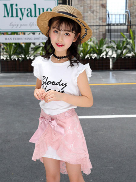 云思舞夕童装品牌2019春夏韩版不规则短袖蕾丝半身裙两件套