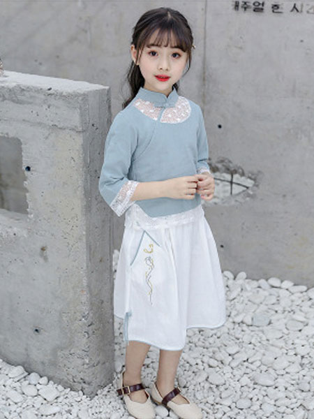 云思舞夕童装品牌2019春夏复古民族风蕾丝拼接旗袍改良中国风两件套