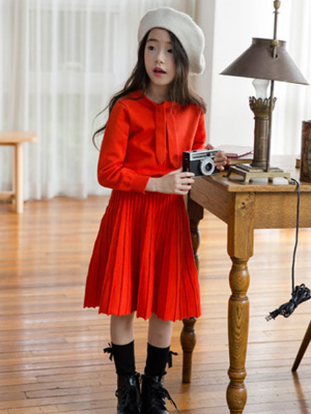 迪菲奥童装品牌2019春夏橘色包芯纱针织高弹时尚休闲套装