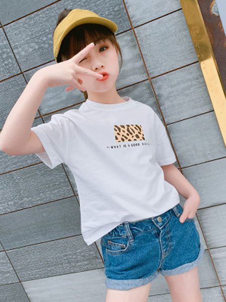 韩宸童装品牌2019春夏豹纹T恤男女童纯外短袖童上衣