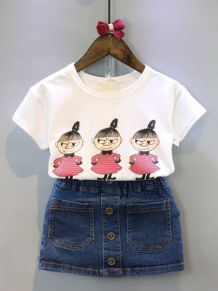 童装品牌2019春夏卡通女孩短袖T恤+牛仔短裙两件套