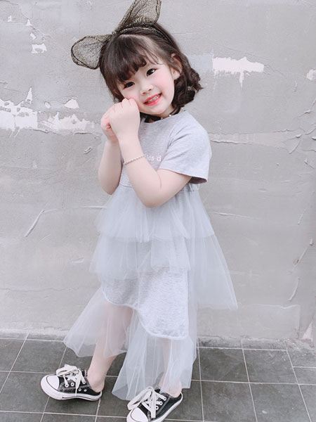 童装品牌2019春夏气质圆领短袖T恤拼接网纱蛋糕裙
