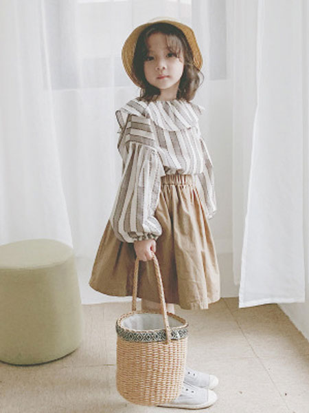 米多家M do+童装品牌2019春夏甜美娃娃领条纹衬衫大翻领衬衣长袖