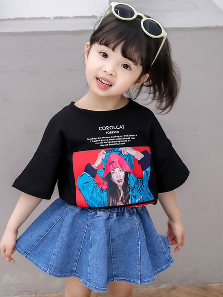 马李童装品牌2019春夏韩版印花短袖T恤八角牛仔短裙两件套
