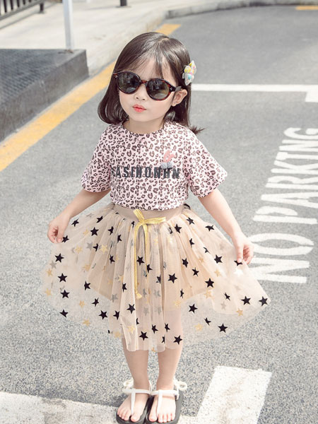童装品牌2019春夏豹纹T恤蕾丝纱裙套装