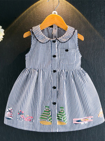 亲仔纺童装品牌2019春夏洋气条纹娃娃领背心裙儿童印花单排扣连衣裙