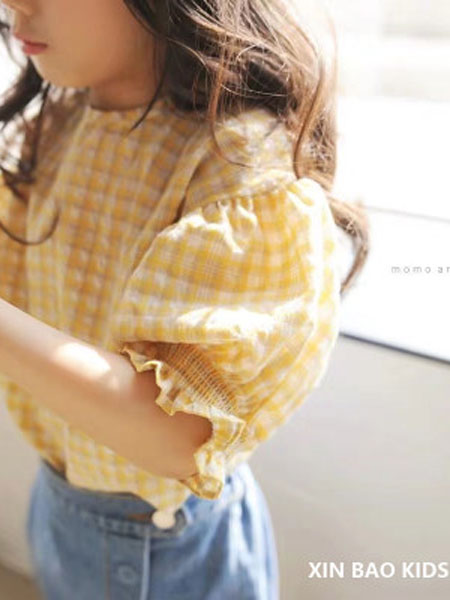 童装品牌2019春夏女孩套头格子短袖T恤衫
