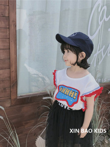童装品牌2019春夏花边螺纹短袖T恤衫