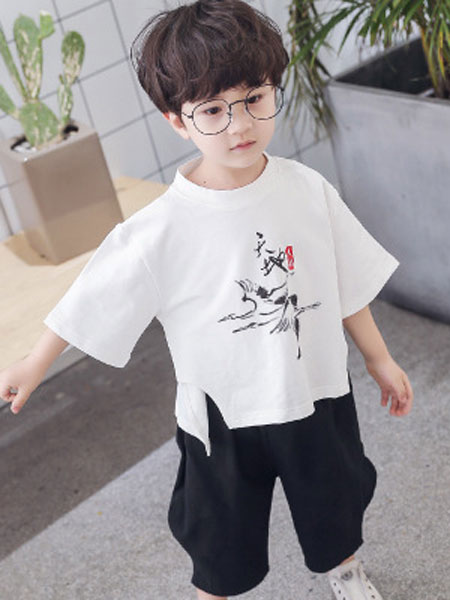 童装品牌2019春夏拼色短袖T恤+休闲裤两件套
