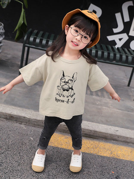 盛盛童装品牌2019春夏拼色短袖T恤+休闲裤两件套