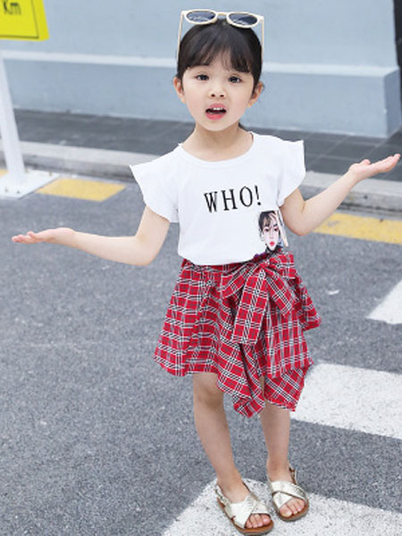 童装品牌2019春夏短袖T恤+格子短裙两件套