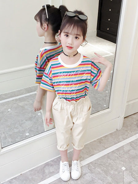 洛离童装品牌2019春夏短袖条纹套装