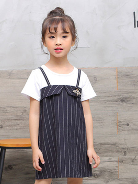 佳童宝童装品牌2019春夏假两件短袖T恤拼接吊带短裙