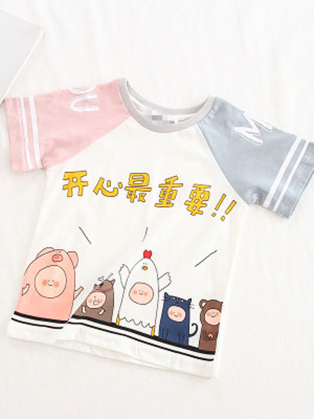 豆咔布咔D.K.B.K童装品牌2019春夏拼色插肩袖卡通印花圆领上衣