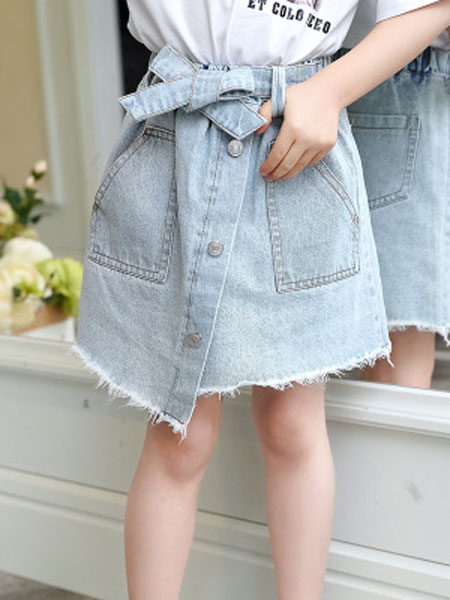 童装品牌2019春夏韩版单排扣包臀牛仔半身裙