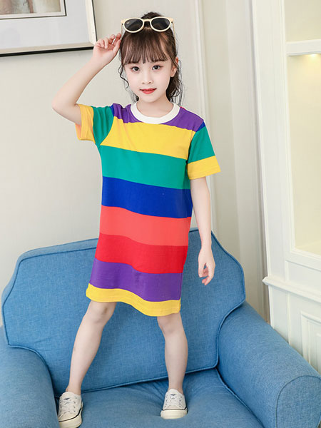 童装品牌2019春夏洋气条纹彩虹卫衣裙