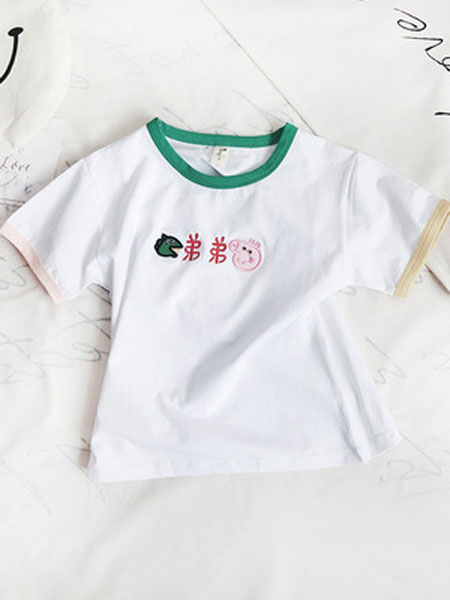 朵米诺童装品牌2019春夏弟弟刺绣短袖T恤