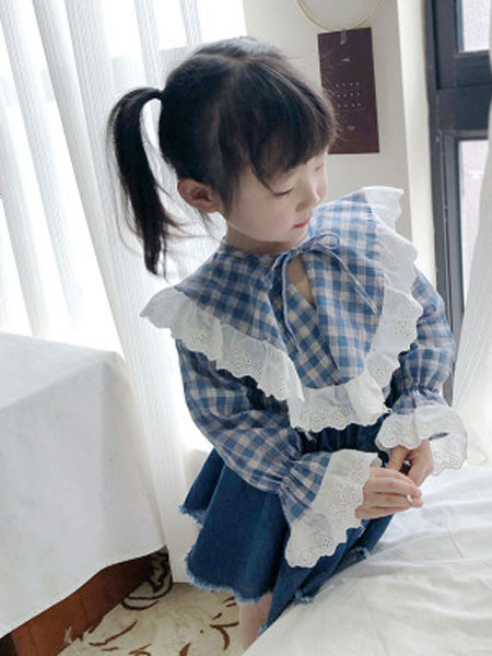 童装品牌2019春夏格子衬衫女刺绣花边衬衣