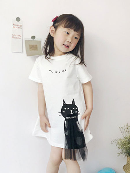 朵米诺童装品牌2019春夏印花短袖可爱猫咪公主裙