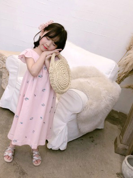 童装品牌2019春夏全棉粉色刺绣长裙连衣裙