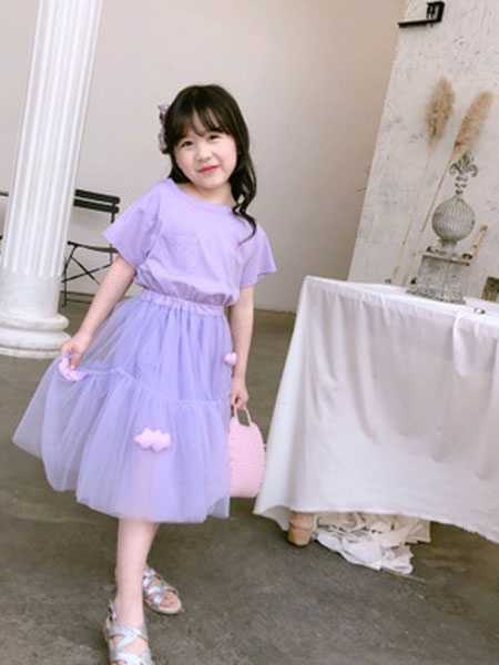 童装品牌2019春夏全棉韩版紫绿拼接连衣裙