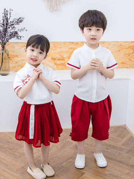 囡菲囡童装品牌2019春夏短袖校服套装中国风两件套