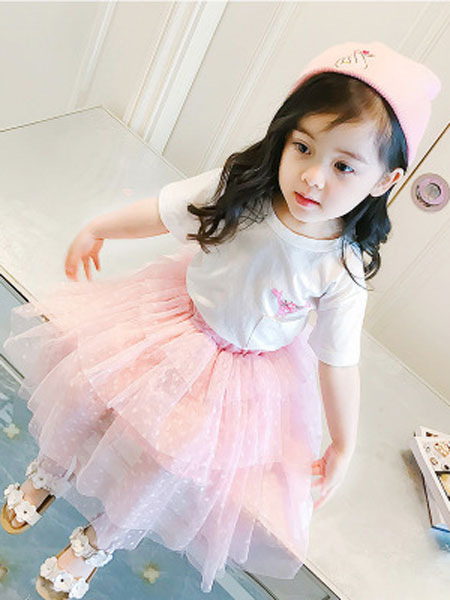 童装品牌2019春夏韩版儿童短袖T恤+半身裙两件套