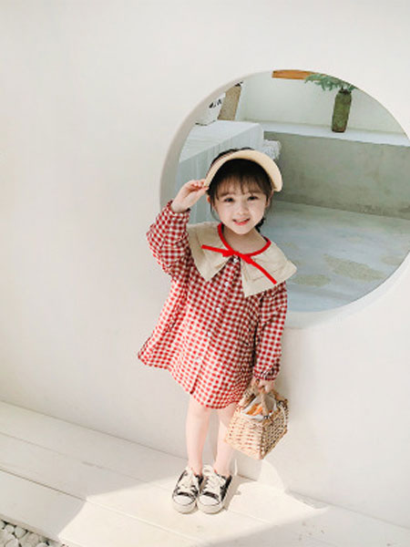 童装品牌2019春夏黑白格子圆领长袖儿童连衣裙