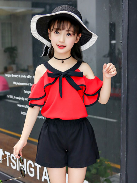 童装品牌2019春夏韩版V领两件套儿童露肩短袖洋气