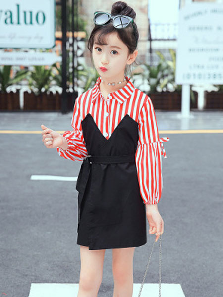 sPirit/菲童装品牌2019春夏条纹连衣裙假两件套