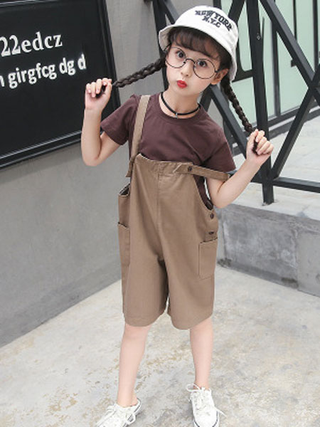 童装品牌2019春夏韩版短袖背带裤打底衫两件套