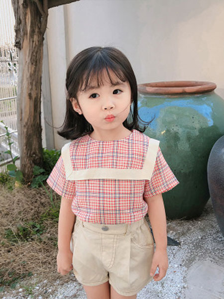 童装品牌2019春夏格子衬衫宝宝海军领全棉衬衫