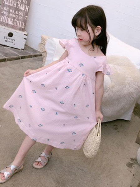 童装品牌2019春夏粉色刺绣长裙连衣裙