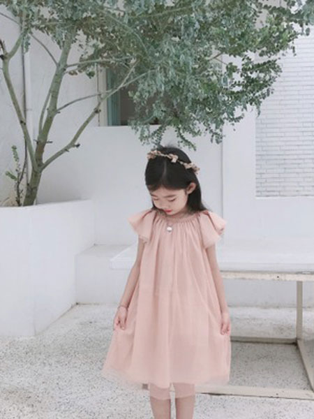 童装品牌2019春夏全棉粉色金葱网纱裙