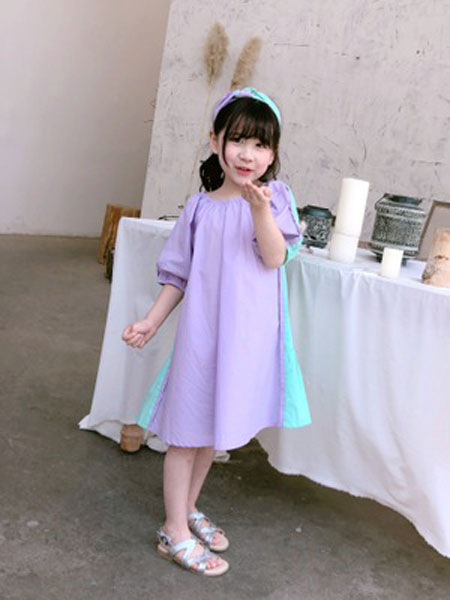 西柯童装品牌2019春夏全棉韩版紫绿拼接连衣裙