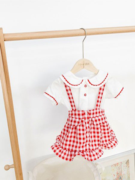 棉朵童装品牌2019春夏格子娃娃领短袖T恤+背带裙套装