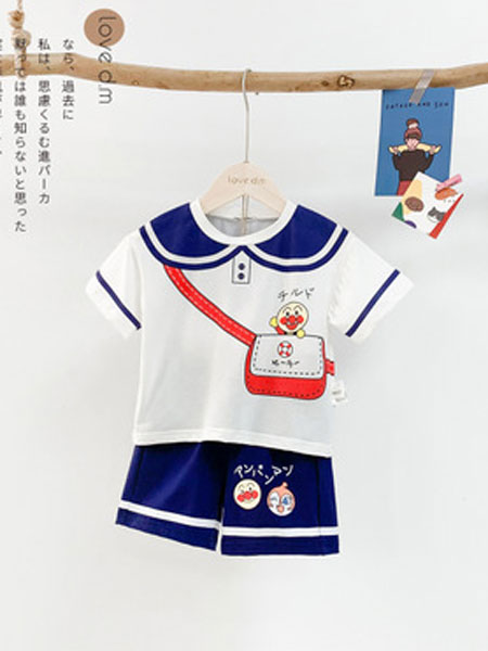 棉朵童装品牌2019春夏卡通超人学院风幼儿园短袖套装