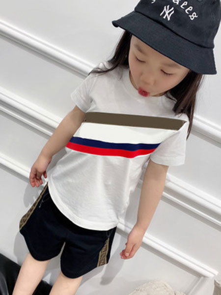 MINI MOON童装品牌2019春夏纯棉彩条印花白色短袖上衣