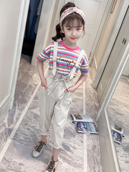 童装品牌2019春夏条纹上衣吊带裤