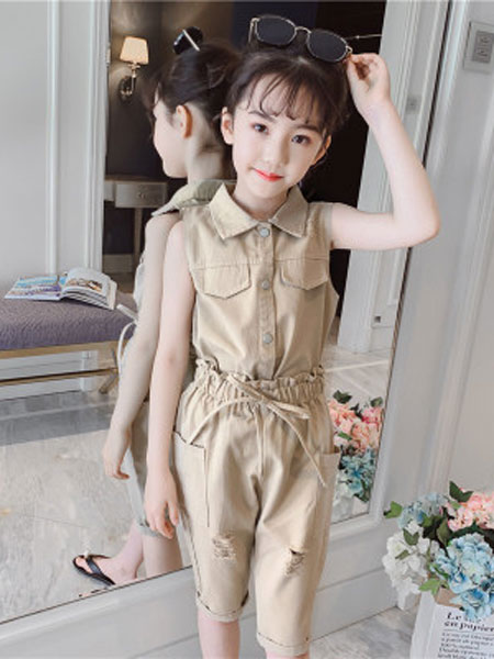 童装品牌2019春夏纯色无袖衬衫中裤两件套潮