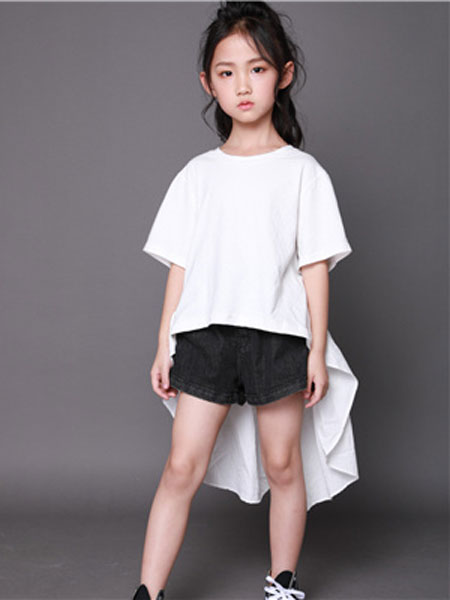 玖分童装品牌2019春夏白色拖尾T恤